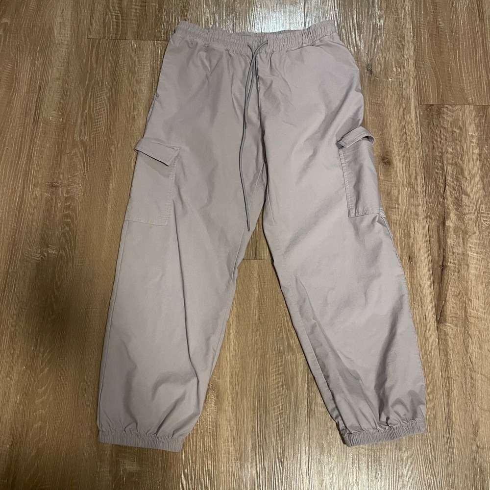 Women Cargo Jogger Pants L Gray Cotton Nylon Blend Elastic Waist Casual Fall